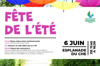 fête de l'été le 6 juin sur l'esplanade du Centre hospitalier Esquirol de 11h45 à 16h30. Pique nique et animation sur place.