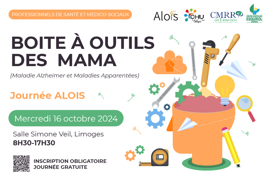 Le mercredi 16 octobre 2024 se tiendra la journée ALOIS "Boite à outil des mama" (Maladie Alzheimer et Maladies Apparentées) 📍 Salle Simone Veil, Limoges Pour plus d'information : Secrétariat Alois (CMRR) : 05 55 43 12 15 - alois.limoges@gmail.com